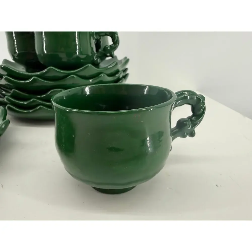 Vintage Holland Mold Holly Berry Cup Saucer Set 6 Christmas Green Ceramic 1970s